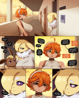 ambiguous_gender anthro clothed clothing detailed_background dialogue door eyebrows female green_eyes hair hand_on_head purple_eyes smile text gammainks nintendo pokemon kaminari_(gammainks) katherine_robinson_(gammainks) kumo_(gammainks) eevee eeveelution generation_1_pokemon human jolteon mammal pokemon_(species) 2026 absurd_res artist_name comic digital_media_(artwork) english_text hi_res