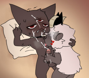 3_eyes anthro anthro_on_anthro balls biped bite biting_lip blush bodily_fluids chest_lick clenched_teeth cum cum_on_chest cum_on_face cum_on_own_chest cum_on_own_face cum_on_self cumshot dominant dominant_male duo ejaculation face_on_chest frown fur genital_fluids genitals gradient_background grey_body grey_fur half-closed_eyes holding_head humanoid_genitalia humanoid_penis licking_cum lying lying_on_ground male motion_lines multi_eye narrowed_eyes obscured_face on_back on_ground penis pillow pillow_grab red_eyes shaking simple_background sweat teeth tremble_lines trembling white_body white_fur wool_(fur) wool_hair dapong cult_of_the_lamb massive_monster_(studio) lamb_(cult_of_the_lamb) narinder red_crown_(cult_of_the_lamb) bovid caprine domestic_cat felid feline felis mammal sheep hi_res