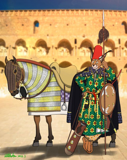 anthro arabian armor arrow_(weapon) black_nose bow_(weapon) brown_body brown_fur clothed clothing feral fur hat headgear headwear holding_melee_weapon holding_object holding_polearm holding_spear holding_weapon humanoid_hands male melee_weapon polearm ranged_weapon shield smile solo spear standing weapon ohs688 caracal caracal_(genus) equid equine felid feline horse mammal 2023 absurd_res hi_res signature