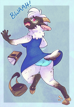 anthro backpack big_butt bodily_fluids book bottomwear breasts brown_body brown_fur brown_markings butt clothed clothing cloven_hooves dress ear_piercing ear_ring ear_tuft embarrassed eyelashes female fingernails fingers fluffy fluffy_tail freckles fur hair hooves horn looking_at_viewer looking_back markings nails neck_tuft open_mouth panties panty_shot pattern_bottomwear pattern_clothing pattern_panties pattern_underwear piercing pink_eyes rear_view ring_piercing simple_background solo spots striped_bottomwear striped_clothing striped_panties striped_underwear stripes sweat tail tears text thick_thighs tongue topwear tripping tuft underwear white_body white_fur white_hair wide_hips wool_(fur) thehiggles bovid caprine mammal sheep shetland_sheep digital_media_(artwork) english_text hi_res