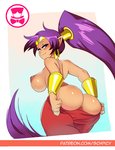 anus big_butt blue_eyes breasts butt ear_piercing ear_ring female hair humanoid_pointy_ears long_hair looking_back nipples not_furry piercing pointy_ears ponytail purple_hair ring_piercing smile solo text schpicy shantae_(series) wayforward shantae genie humanoid url