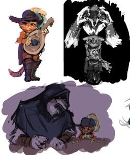 5_fingers anthro arm_wrapping arm_wraps belt beverage black_background boots cape cloak clothing coin coins_over_eyes container cup duo ears_down eyeliner facial_markings fingers footwear front_view fur fuzzy glass glass_container glass_cup gold_(metal) gold_coin green_eyes grey_body grey_fur hat head_markings headgear headwear holding_coin holding_musical_instrument holding_object hood hood_up larger_anthro larger_male looking_at_another looking_at_viewer looming lute makeup male mandolin markings mask_(marking) musical_instrument nervous open_mouth orange_body orange_fur pivoted_ears plucked_string_instrument poncho pupils purple_background raised_arms red_eyes scared shoes simple_background sitting sitting_together size_difference smaller_anthro smaller_male smile solo_focus standing string_instrument tail white_background white_pupils wide_eyed wrapped_arms wraps asklawyer dreamworks puss_in_boots_(franchise) death_(puss_in_boots) puss_in_boots_(dreamworks) canid canine canis domestic_cat felid feline felis mammal wolf colored_sketch digital_media_(artwork) digital_painting_(artwork) hi_res monochrome multiple_images multiple_scenes painting_(artwork) sketch sketch_page