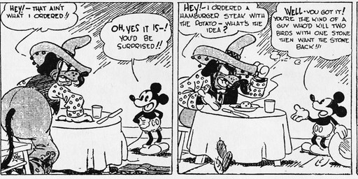 anthro bottomwear clothed clothing dialogue duo facial_hair fingers footwear gloves handwear hat headgear headwear male mustache open_mouth shoes sombrero text floyd_gottfredson roy_nelson disney mickey_mouse canid canine canis domestic_dog mammal mouse murid murine rodent 1930 20th_century absurd_res ancient_art black_and_white comic dated english_text hi_res long_image monochrome signature wide_image