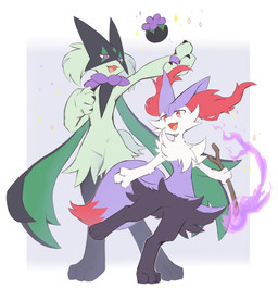 3_fingers 3_toes ambiguous_anthro ambiguous_gender anthro arm_tuft biped black_body black_claws black_fur cheek_tuft chest_tuft claws colored_fire cute_fangs dipstick_tail duo elemental_manipulation facial_tuft fangs featureless_crotch feet finger_claws fingers fire fire_manipulation flat_chested flower_(anatomy) flower_trick front_view fur green_body green_fur green_tail hip_tuft holding_object holding_stick inner_ear_fluff markings mask nude_ambiguous nude_anthro on_one_leg open_mouth open_smile pawpads paws pointy_ears prick_ears purple_body purple_eyes purple_fire purple_fur purple_nose purple_tail quadruped red_body red_eyes red_fur red_inner_ear_fluff red_nose red_tail_tip shoulder_tuft simple_background smile standing stick tail tail_markings tapering_snout teeth toes tuft white_body white_claws white_fur ska_siyu nintendo pokemon braixen canid felid generation_6_pokemon generation_9_pokemon mammal meowscarada pokemon_(species) shiny_pokemon 2023 colored digital_drawing_(artwork) digital_media_(artwork) flat_colors hi_res