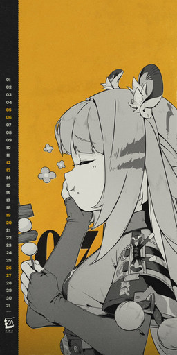 animal_ears breasts calendar clothing ears_up eating eyes_closed female flower fluffy_ears hair hand_on_own_cheek happy jacket long_hair orange_background plant raised_arms side_view simple_background skewered_food small_breasts striped_hair topwear unknown_artist mihoyo zenless_zone_zero ju_fufu animal_humanoid felid felid_humanoid humanoid mammal mammal_humanoid pantherine pantherine_humanoid thiren tiger_humanoid hi_res official_art restricted_palette