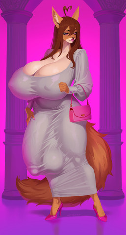 ahoge anthro balls balls_outline big_balls big_breasts big_bulge big_penis biped breasts brown_body brown_fur brown_hair bulge cleavage clothed clothing colored_nails detailed_bulge dress eyelashes fingernails footwear fur genital_outline genitals glistening glistening_body grey_clothing gynomorph hair handbag high_heels huge_balls huge_breasts huge_penis humanoid_hands inner_ear_fluff intersex lips nails nipple_outline penis penis_outline pink_clothing pink_eyes pink_fingernails pink_footwear pink_handbag pink_high_heels pink_lips pink_nails purse shoes solo tail tan_body tan_fur thick_lips tight_clothing tight_dress tuft vein veiny_penis wetsealky sio_(gaikiken) canid canine mammal absurd_res hi_res