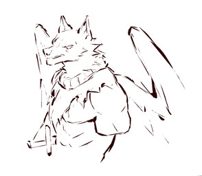 abdominal_impalement anthro back_wings clothing feathered_wings feathers front_view fur male melee_weapon missing_arm simple_background snout solo sword topwear torn_clothing torn_topwear weapon white_background wings kingarthur_i homestuck ms_paint_adventures jack_noir canid mammal 2023 digital_drawing_(artwork) digital_media_(artwork) half-length_portrait line_art monochrome portrait