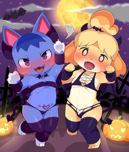 aged_down anthro blue_body blue_fur blush bodily_fluids breasts clothed clothing cloud cosplay costume cute_fangs detailed_background duo fangs female food fruit full_moon fur glistening glistening_body glistening_clothing happy holidays horn jack-o'-lantern knock-kneed legwear loli looking_at_viewer moon night nipple_outline open_mouth plant presenting pumpkin purple_eyes purple_tattoo raised_arm raised_leg skimpy sky skyscape small_breasts smile smiling_at_viewer spade_tail star starry_sky stockings string_panties sweat tail tattoo teeth thick_thighs wide_hips womb_tattoo yellow_body yellow_fur young young_anthro young_female dagasi animal_crossing halloween nintendo isabelle_(animal_crossing) rosie_(animal_crossing) bat canid canine canis demon domestic_cat domestic_dog felid feline felis ghost mammal spirit detailed hi_res