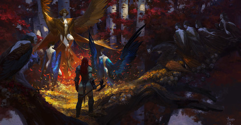 armor axe birch_tree blue_body blue_feathers bone breasts brown_body brown_feathers butt crouching detailed_background feathered_wings feathers feet female flying forest group holding_axe holding_object leaf nude pauldron plant skull standing talons toes tree wings bayard_wu european_mythology greek_mythology mythology avian harpy humanoid mythological_avian mythological_creature orc 2020 digital_media_(artwork) hi_res