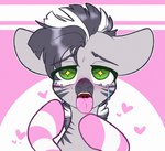 ahegao big_ears blush blush_lines bodily_fluids clothing eyebrows femboy feral green_eyes grey_body grey_stripes hair legwear looking_pleasured male mane multicolored_hair multicolored_mane open_mouth pink_tongue solo star_eyes stockings stripes tears tongue tongue_out two_tone_hair two_tone_mane etoz hasbro my_little_pony fan_character equid equine mammal zebra digital_media_(artwork) hi_res