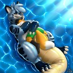 anthro black_sclera bottomwear clothing eyes_closed floating floating_on_water hug inflatable lying lying_on_another male on_back on_front partially_submerged pool_toy shorts scott_calico animate_inanimate canid canine fox living_inflatable mammal 1:1