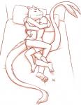 2017 anthro aogami barefoot bed claws clothing dragon duo embrace eyes_closed feet fur furniture furred_dragon furred_scalie hi_res hug long_tail male male/male mammal marine monochrome mythological_creature mythological_scalie mythology on_bed pajamas pillow pinniped scalie seal simple_background tail toe_claws white_background xine young young_anthro