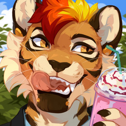 anthro blonde_hair blue_sky cheek_tuft clothed clothing cloud facial_tuft fangs front_view fur hair holding_milkshake licking licking_lips licking_own_lips looking_aside male multicolored_hair open_mouth orange_body orange_eyes orange_fur orange_hair outside plant red_hair shrub sky solo tan_body tan_fur teeth tongue tongue_out tuft corzh77 felid mammal pantherine tiger 1:1 bust_portrait hi_res portrait