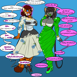 1:1 absurd_res anthro buxom clothing collar curvaceous curvy_figure dress duo ear_piercing ear_ring english_text felid feline female female/female hi_res high_heels legwear lipstick makeup mammal mccrazy mind_control mouse murid murine pantyhose piercing rodent rubber spiral_eyes stepfordization struggling text voluptuous