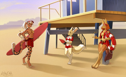 anthro biped breasts claws clothed clothed_anthro clothed_female clothing eyewear featureless_breasts feet female fingers fur glasses group hair life_ring lifeguard medium_breasts navel outside partially_clothed partially_clothed_anthro partially_clothed_female small_breasts smile spots standing surfboard swim_ring tail teeth toes tongue topless topless_anthro topless_female trio kittydee canid canine cheetah felid feline fennec_fox fox mammal true_fox 2026 digital_drawing_(artwork) digital_media_(artwork)
