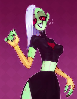 5_fingers belt black_eyes black_lips black_nails choker clothing collar colored_nails crop_top eyeshadow female fingerless_gloves fingers freckled_legs freckled_thighs freckles gloves green_body green_skin handwear heart_symbol jewelry lips looking_at_viewer makeup mascara midriff nails necklace nipple_outline not_furry pattern_background red_sclera running_makeup running_mascara shirt simple_background smile solo topwear undercut derek_hetrick disney wander_over_yonder lord_dominator alien alien_humanoid humanoid 2020 signature