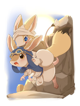 ambiguous_gender anthro bandage bandaged_head blonde_hair blue_eyes blush braided_hair cliff clothed clothing countershade_face countershading desert dipstick_tail duo eyewear fluffy fluffy_tail goggles hair hat headgear headwear jumping long_ears markings outside pawpads paws religious_clothing religious_headwear riding_on_back rock running semi-anthro smile sun tail tail_markings turban yellow_eyes ukan_muri canid canine dipodid fennec_fox fox jerboa mammal rodent true_fox hi_res japanese_description