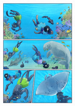 ambiguous_gender anthro biped black_body black_fur black_hair black_tail clothed clothing dark_body dark_skin day dialogue dialogue_box ear_fins feral fin flower fur hair outside plant sea speech_bubble split_form swimming tail text underwater water bjekkergauken mythology imbali_(bjekkergauken) aquatic fish merfolk unknown_species 2026 colored comic english_text hi_res