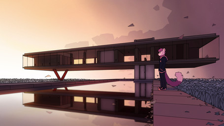 anthro architecture biped bottomwear building clothing cloud eyewear footwear fur glasses grass hoodie house leaf modern_architecture outside pants plant purple_body purple_fur reflection shoes sky solo standing sunset topwear water wind nule gulonine mammal marten mustelid musteline pine_marten 16:9 digital_media_(artwork) hi_res widescreen