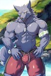 abs anthro black_body black_fur bulge clothing fur grin lifeguard looking_at_viewer male muscular muscular_anthro muscular_male narrowed_eyes pecs smile solo standing swimwear v-line zex canid canine canis mammal wolf