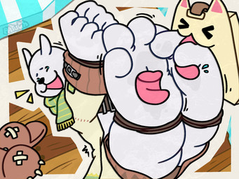 anthro bdsm black_nose bondage bound disembodied_tongue feet foot_fetish foot_focus foot_lick fur laugh licking male open_mouth open_smile pink_tongue restrained restraints rope rope_bondage shoes_removed smile tickle_fetish tickle_torture tickling tickling_feet tongue tongue_between_toes white_body white_fur patugh pangya titan_boo bear mammal polar_bear ursine 4:3 hi_res