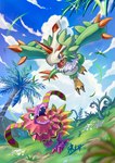 anthro beak duo feathers feral flying green_body green_eyes green_feathers male mask palm_tree pink_body plant purple_eyes running tree wings kou_glass_seed bandai_namco digimon digimon_(species) elemental_creature flora_fauna pomumon pteromon hi_res