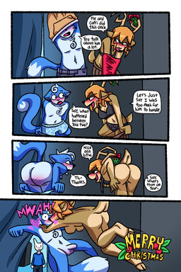 4_panel_comic 5_fingers anthro antlers balls black_nose blue_body blue_fur blue_hair blush blush_lines body_blush bottomwear boxers_(clothing) bra breasts brown_body brown_fur brown_nipples butt butt_blush canon_x_oc chest_tuft clothing dialogue dipstick_tail exhibitionism female fingers fox_tail fur genitals hair holidays hoodie hooves horn jumping kissing kissing_bough male male/female markings mischievous_smile mistletoe mistletoe_on_antler mooning multicolored_body multicolored_fur nipples nude nude_anthro nude_female nude_male panties penis penis_blush photo_booth plant scut_tail shirt short_tail skirt smile surprised tail tail_markings tan_body tan_fur text tongue topwear tuft underwear undressing undressing_self vulva white_body white_fur deerkid christmas nintendo star_fox ariel_(deerkid) marcus_mccloud canid canine canis deer fox lagomorph leporid mammal rabbit 2:3 absurd_res comic english_text hi_res