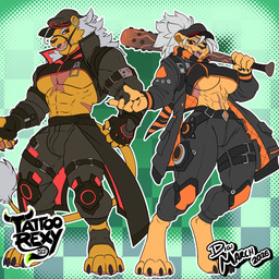 abs anthro baseball_bat bat_(object) big_breasts black_clothing black_crop_top black_shirt black_topwear bottomwear breasts bulge claws clothed clothed_anthro clothed_female clothed_male clothing crop_top digitigrade duo eye_patch eyewear feet female finger_claws fingerless_gloves fingers front_view fur gloves grey_hair hair handwear hat headgear headwear humanoid_hands jacket logo long_hair long_tail looking_at_viewer looking_down low-angle_view male muscular muscular_anthro muscular_female muscular_male open_clothing open_jacket open_mouth open_smile open_topwear orange_body orange_fur pants pattern_background scar sharp_teeth shirt simple_background smile standing tactical_gear tail teeth text toe_claws toes topwear under_boob tattoorexy bandai_namco digimon bancholeomon digimon_(species) 1:1 2026 artist_logo artist_name colored full-length_portrait hi_res portrait shaded