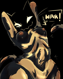 anthro black_background black_body black_fur bone breasts dialogue female front_view fur gold_(metal) hands_behind_head heart_symbol multicolored_body nipples orange_nipples simple_background skeleton solo stretching text thick_thighs tuft h0t-garbage epic_games fortnite spice_(fortnite) felid feline mammal 2026 4:5 absurd_res digital_media_(artwork) english_text hi_res shaded signature