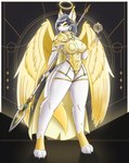 big_breasts breasts cloak clothed clothing curvy_figure feathered_wings feathers female fur grey_hair hair hourglass_figure magic melee_weapon mostly_nude polearm skimpy solo spear stylized_background thick_thighs thigh_strap weapon white_body white_fur wings yellow_body yellow_eyes yellow_fur sulldfox muriel_the_angel angel arctic_fox canid canine fox mammal true_fox absurd_res hi_res