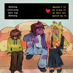 anthro blonde_hair bottomwear brown_body brown_fur brown_hair clothing denim denim_bottomwear denim_clothing female freckles fur furniture green_clothing green_shirt green_topwear group hair jeans pants purple_body shirt sitting skirt sofa text topwear trio young goomyloid deltarune undertale_(series) kris_(deltarune) noelle_holiday susie_(deltarune) deer human mammal new_world_deer reindeer scalie 1:1 2025 absurd_res english_text hi_res