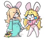 anthro blonde_hair blue_eyes bottomless breasts cellphone clothed clothing crown dress duo electronics female fur green_eyes hair headgear heart_eyes heart_symbol phone plushie white_body white_fur loggus_doggus mario_bros mario_plus_rabbids_kingdom_battle mario_plus_rabbids_sparks_of_hope nintendo raving_rabbids rayman_(series) ubisoft rabbid_peach rabbid_rosalina lagomorph mammal rabbid crossover