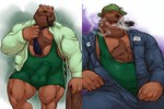 5_fingers anthro balls_outline beard biceps biped blue_clothing body_hair brown_body brown_fur brown_nose bulge chest_hair cigar clothed clothing detailed_bulge erection facial_hair fangs fingers fur genital_outline green_clothing hair hairy hat headgear headwear looking_at_viewer male mature_anthro mature_male musclegut muscular muscular_anthro muscular_male mustache necktie open_mouth overalls partially_clothed penis_outline simple_background sitting slightly_chubby smoke smoke_from_mouth smoking smoking_pipe solo standing suit teeth tongue topwear undressing wrestling_singlet yellow_eyes grisser athelstan bear brown_bear grizzly_bear mammal ursine 2012 3:2 digital_drawing_(artwork) digital_media_(artwork) hi_res multiple_images shaded