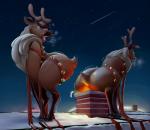 antlers bell black_nose chimney crouching duo feral fur holidays horn jingle_bell looking_back male night on_roof open_mouth outside rear_view shooting_star side_view sky star cheekles christmas deer mammal new_world_deer reindeer hi_res story story_in_description