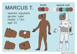anthro biped black_eyes blue_background blush border brown_body brown_fur capybara caviid character_name clothed clothing color_swatch english_text featureless_crotch fur male mammal marcus_(orbitalis) model_sheet navel orbitalis plantigrade rodent simple_background solo spacesuit species_name standing text url white_border