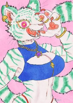 anthro big_breasts blue_clothing blue_topwear bracelet breasts claws cleavage cleavage_cutout clothed clothing colored_nails crop_top cutout ear_piercing ear_ring eyelashes fangs feet female female_anthro fingers fur gold_(metal) gold_jewelry green_body green_fur green_stripes inner_ear_fluff jewelry licking licking_lips licking_own_lips lips looking_at_viewer markings midriff nails navel necklace open_mouth pawpads paws piercing pink_background pink_eyes pink_pawpads pink_tongue red_claws red_clothing ring ring_(jewelry) ring_piercing self_lick sharp_teeth shirt simple_background smile solo striped_body striped_fur stripes tail teeth thong toes tongue tongue_out topwear tuft underwear whiskers white_body white_fur zipper kyokyota felid mammal pantherine tiger 2026 digital_media_(artwork) hi_res