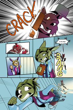 accessory anthro blonde_hair blood bodily_fluids brick brown_hair clothed clothed_anthro clothed_female clothed_male clothing dialogue female female_anthro fur hair male male_anthro necktie pink_clothing pink_topwear pink_vest short_hair topwear vest yellow_body yellow_fur gatonejo gadea_(gatonejo) bear deer mammal 2026 comic hi_res
