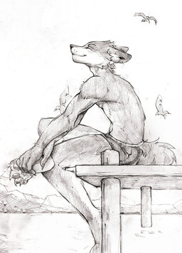 ambiguous_gender anthro cheek_tuft closed_smile clothed clothing ears_back eyes_closed facial_tuft fluffy fluffy_tail group happy head_tuft male mouth_closed outside pawpads pivoted_ears side_view sitting smile solo_focus tail topless tuft unsigned water akatan_art ambient_bird ambient_flier avian bird canid canine mammal greyscale hi_res monochrome traditional_media_(artwork)