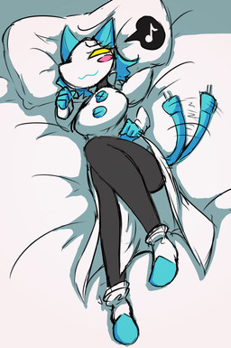 :3 anthro bed blue_hair female furniture hair lying lying_on_bed machine musical_note musical_symbol on_bed smile solo symbol tail tail_motion tailwag yellow_eyes unknown_artist deltarune undertale_(series) tasque_manager android darkner domestic_cat felid feline felis mammal robot 2020 digital_drawing_(artwork) digital_media_(artwork)