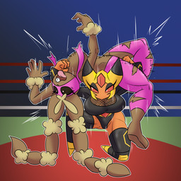 anthro backbreaker carry_position carrying_another carrying_partner carrying_person carrying_position clothing dominant dominant_anthro dominant_female duo female female/female fighting_ring gasp mask muscular muscular_anthro muscular_female pinned shocked sports_mask sportswear submission_hold submissive submissive_anthro submissive_female tongue tongue_out torn_clothing wrestling wrestling_clothing wrestling_mask wrestling_match wrestling_outfit hallowthorn nintendo pokemon arthropod bee generation_4_pokemon hare hymenopteran insect lagomorph leporid lopunny mammal pokemon_(species) rabbit vespiquen 1:1 hi_res