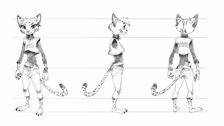 3_toes anthro barefoot belt bottomwear bracelet clothing collar denim denim_bottomwear denim_clothing ear_piercing ear_ring facial_markings feet female front_view fur head_markings head_tuft jeans jersey jewelry long_sleeve_shirt long_tail looking_at_viewer markings pants pawpads piercing pointy_ears pupils rear_view ring_piercing shirt side_view simple_background slit_pupils solo spots spotted_body spotted_fur striped_markings stripes tail text text_on_clothing toes topwear torn_bottomwear torn_clothing torn_jeans torn_pants tuft ruffu pepper_in_the_sandbox pepper_(ruffu) felid feline mammal serval 16:9 digital_drawing_(artwork) digital_media_(artwork) model_sheet monochrome widescreen