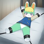 anthro barefoot bdsm bed biped blonde_hair bondage bottomless bound clothed clothing detailed_background eyebrows featureless_crotch feet furniture green_body grey_eyes hair lying male mouth_closed on_back on_bed pupils solo topwear white_body sum animal_crossing nintendo sasha_(animal_crossing) lagomorph leporid mammal rabbit hi_res