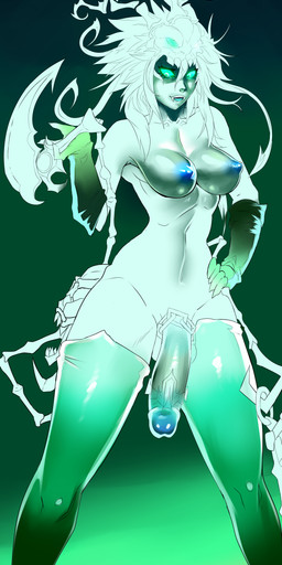 areola armwear blue_nipples bone breasts chain clothed clothing crossgender curvy_figure fangs flaccid genitals glowing glowing_eyes green_eyes gynomorph hair hand_on_hip hourglass_figure intersex lamp lantern legwear melee_weapon navel nipples not_furry partially_clothed penis polearm scythe simple_background skull small_waist smile solo standing stockings teeth thigh_highs weapon wide_hipped_gynomorph wide_hipped_humanoid wide_hipped_intersex wide_hips signhereplease league_of_legends riot_games tencent thresh ghost humanoid spirit 2016 absurd_res hi_res