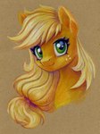 blonde_hair brown_background eyelashes female feral freckles fur green_eyes hair looking_at_viewer orange_body orange_fur simple_background solo three-quarter_view maytee friendship_is_magic hasbro my_little_pony applejack_(mlp) earth_pony equid equine horse mammal pony 2022 bust_portrait colored_pencil_(artwork) hi_res portrait signature traditional_media_(artwork)