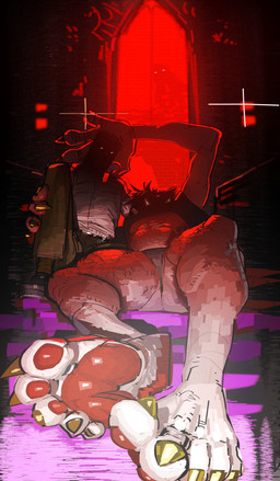 anthro big_feet black_clothing bottomwear claws clothing collar colored_nails colored_toenails duo face_in_shadow feet female foot_focus footwear fur holding_another male muscular muscular_female nails pants pawpads shirt shoes spiked_collar spikes stained_glass stairs thong toe_claws toenails toes topwear underwear white_body white_fur brothersmiler juzy_(brothersmiler) canid canine canis domestic_dog humanoid mammal hi_res