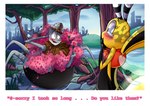 4_arms 4_legs antennae_(anatomy) anthro armor black_antennae black_body black_eyes blush bodily_fluids brown_body brown_eyes brown_helmet brown_tuft chest_tuft clothing cloud crying day duo eye_contact flower grey_body grey_hair grey_helmet grey_nose hair hand_behind_head hand_behind_own_head hand_on_mouth hat headgear headwear helmet holding_flower holding_object insect_wings looking_at_another love male male/male multi_arm multi_limb multicolored_antennae multicolored_body multicolored_hat outside pink_flower plant question question_mark red_body red_clothing red_hat red_headwear red_tuft romantic romantic_couple smile tears tears_of_joy text three-quarter_view tree tuft two_tone_antennae white_antennae wings yellow_body 8-bit-britt navin_(8-bit-britt) spirk_(8-bit-britt) arachnid arthropod beetle elateroid firefly insect spider 2019 digital_media_(artwork) english_text hi_res