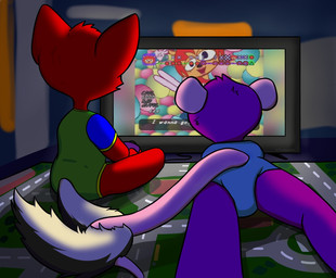 ageplay anthro bedroom butt clothed clothing controller diaper duo electronics fur game_controller gaming hair holding_object lying on_ground onesie playing_video_game pointy_ears prick_ears roleplay sitting tail text tuft video_game_reference wearing_diaper dabblefox parappa_the_rapper sony_corporation sony_interactive_entertainment american_opossum canid canine fox mammal marsupial virginia_opossum digital_media_(artwork) english_text hi_res
