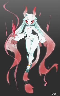 2_horns 4_fingers anklet anthro biped breasts choker claws featureless_breasts featureless_crotch female female_anthro finger_claws fingers floppy_ears fur gradient_background grey_background hooves horn jewelry long_ears looking_at_viewer magic monotone_body necklace red_horn red_sclera simple_background solo tail unguligrade white_eyes white_tail yuanmin microsoft ori_(series) xbox_game_studios guardian_spirit 2024 hi_res