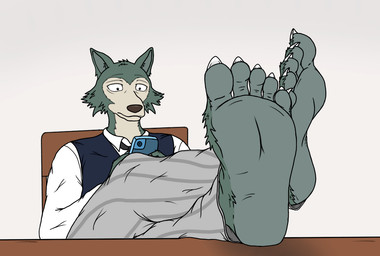 5_toes anthro bottomwear cellphone chair clothing electronics feet foot_fetish foot_focus foot_on_table fur furniture grey_body grey_fur humanoid_feet looking_at_object looking_at_phone male necktie on_chair pants pattern_bottomwear pattern_clothing pattern_pants phone plantigrade reclining school_uniform simple_background sitting sitting_on_chair smartphone solo striped_bottomwear striped_clothing striped_pants stripes table toes uniform white_body white_fur smellslikejavier beastars legoshi_(beastars) canid canine canis mammal wolf 2022 colored digital_drawing_(artwork) digital_media_(artwork)