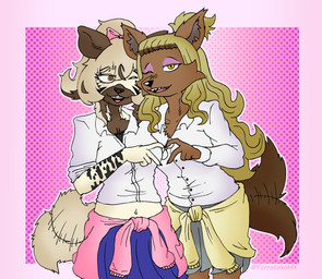 alternative_fashion asian_clothing brown_body brown_fur cheek_tuft chest_tuft clothing countershade_face countershade_fur countershade_torso countershading duo east_asian_clothing facial_tuft female fur gyaru hair inner_ear_fluff j-fashion japanese_clothing japanese_school_uniform makeup navel ponytail school_uniform striped_body stripes sweater tail tail_motion tailwag topwear tuft uniform efradraws canid canine canis hyena mammal striped_hyena wolf absurd_res digital_drawing_(artwork) digital_media_(artwork) hi_res